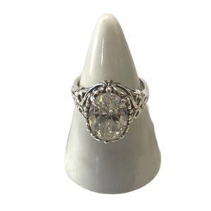 Kabana 925 Sterling Silver Diamonique CZ Crystal Clear Large Ring , Scroll Heart